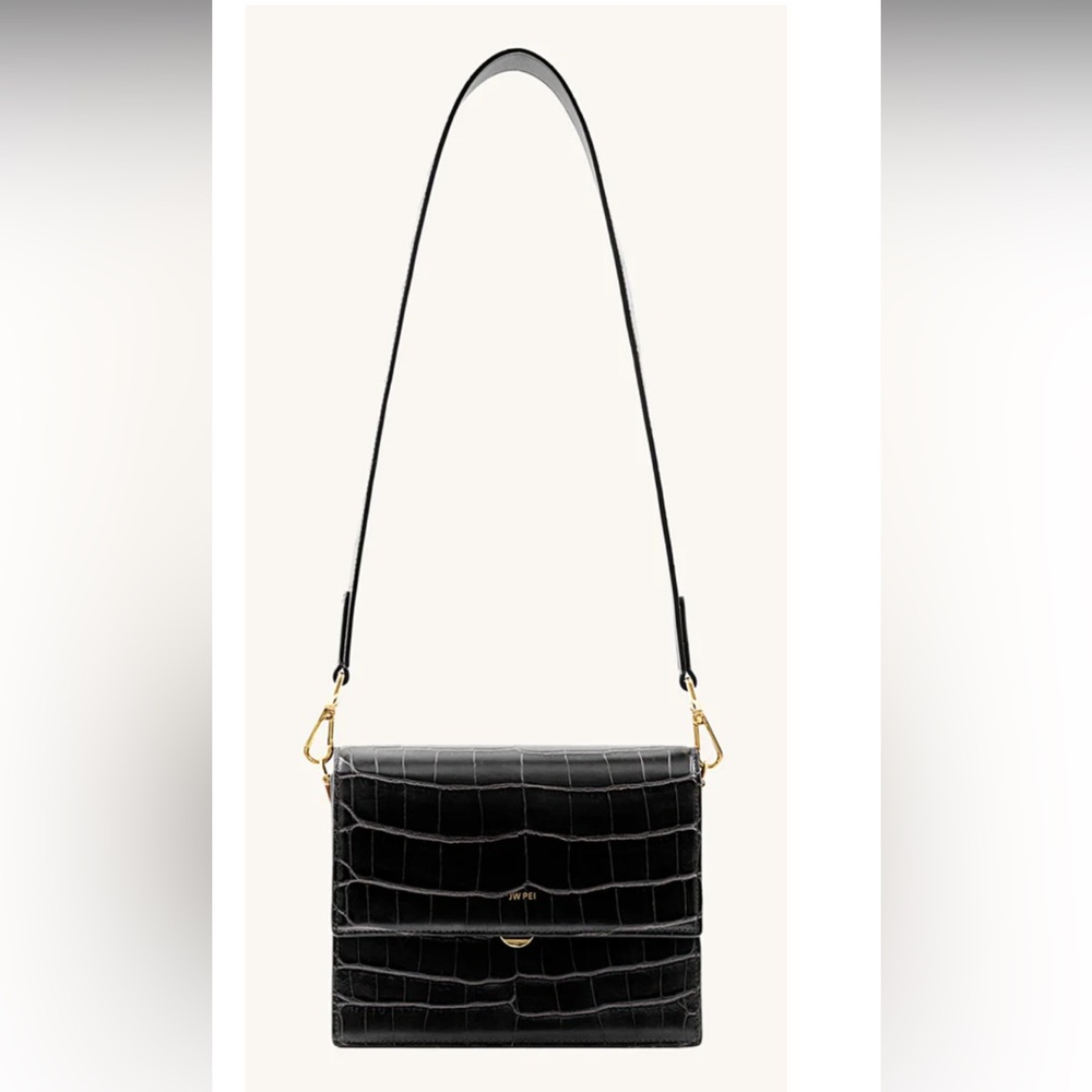JW PEI mini flap black croc vegan leather cross body bag with two straps